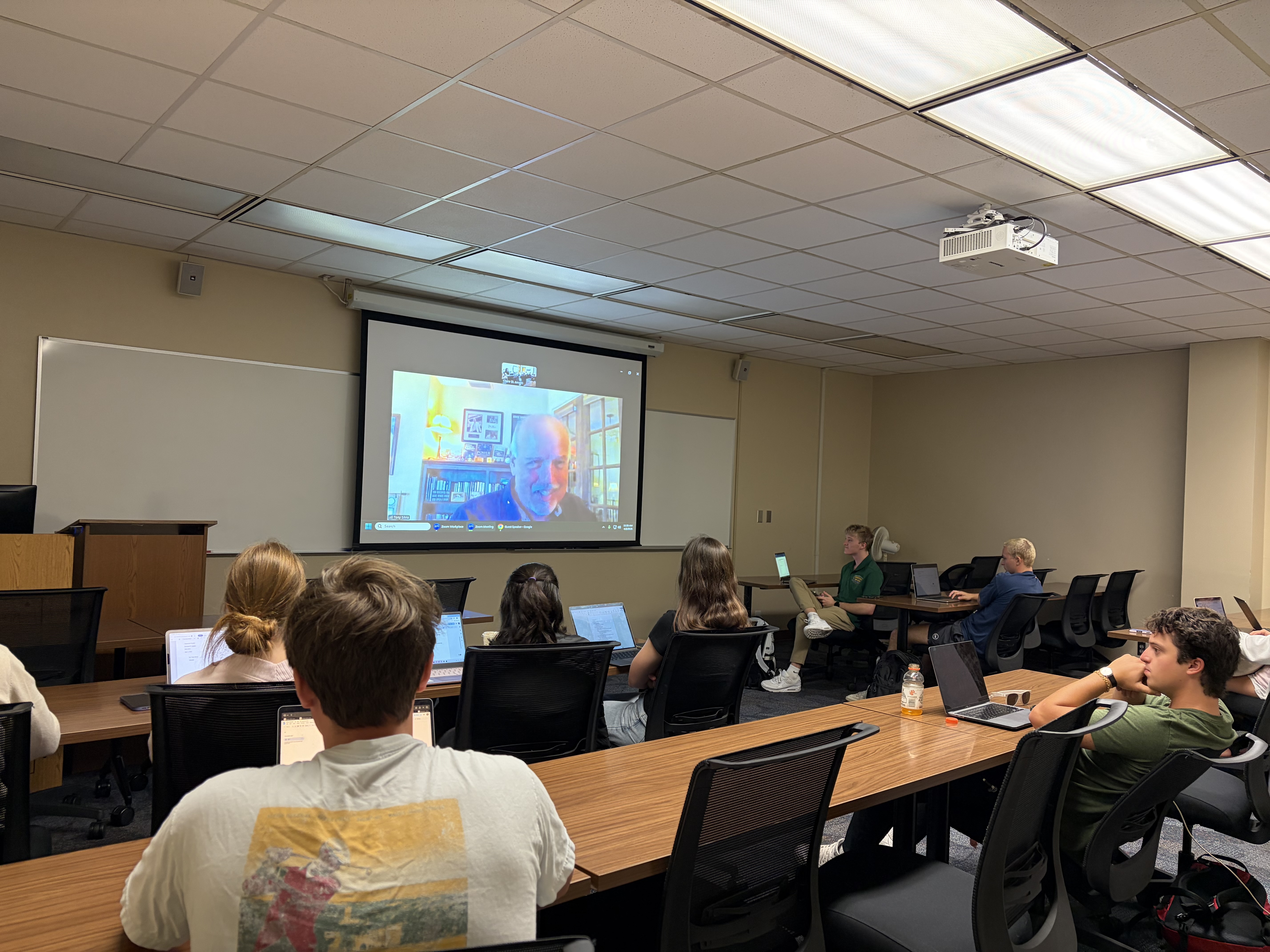 Students at Baylor University attending Tony Silvia's virtual talk on a projection screen